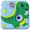 Kindercamera in een lichtblaue behuizing met een groen dinosaurus-design en gele sterren.