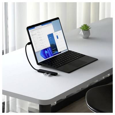 Een laptop op een tafel, verbonden met een USB-stick. Op de achtergrond staat een kleine plant op de tafel.