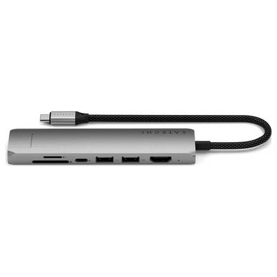 Metalen USB-C-hub met meerdere poorten, inclusief HDMI, USB-A en SD-kaartlezer.