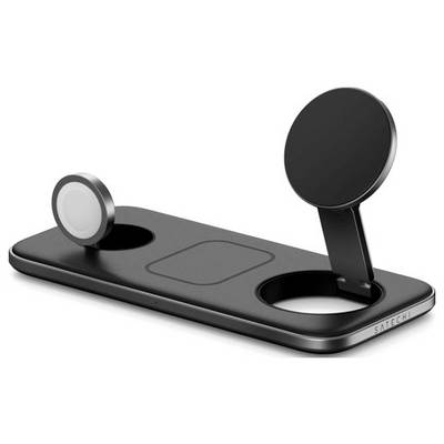 Zwart drievoudig draadloos oplaadstation met magnetische laadschijven voor smartphones, smartwatches en oordopjes, van het merk Satechi.