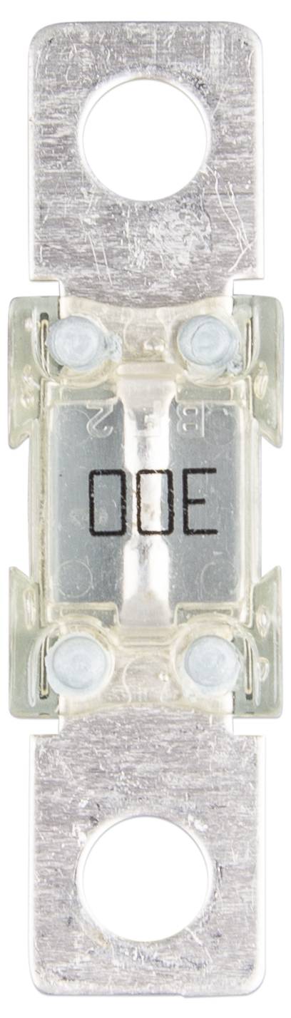 Een elektrische zekering met metalen contacten en een transparante behuizing met het opschrift '00E'.