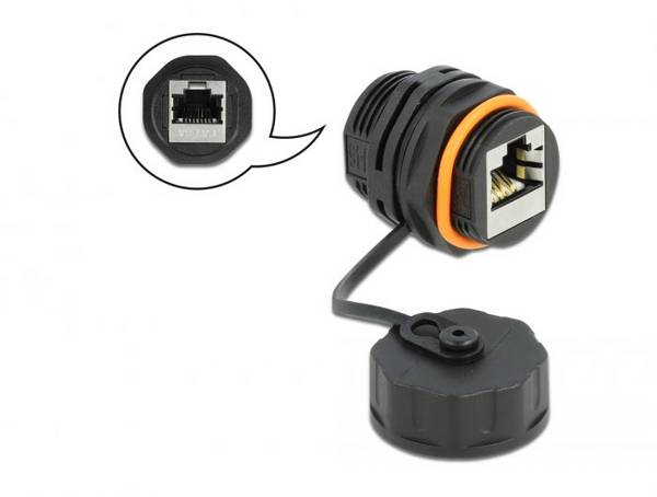 Delock Delock - Netzwerkkoppler - RJ-45 (W) abgedichtet zu RJ-45 (W) Kabelverbinder RJ45-bus naar RJ45 CAT.6A-bus met afsluitkap waterbestendig 86695 Zwart 1 stuk(s)