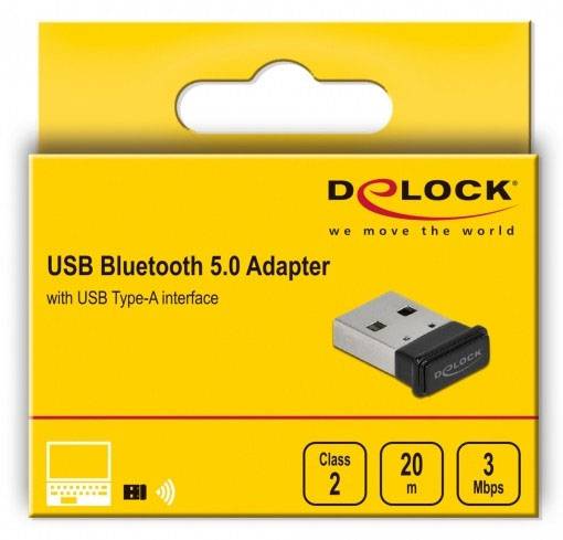 'USB Bluetooth 5.0 Adapter', merk 'DeLock', met USB Type-A aansluiting, bereik 20 m, snelheid 3 Mbps, gele verpakking.