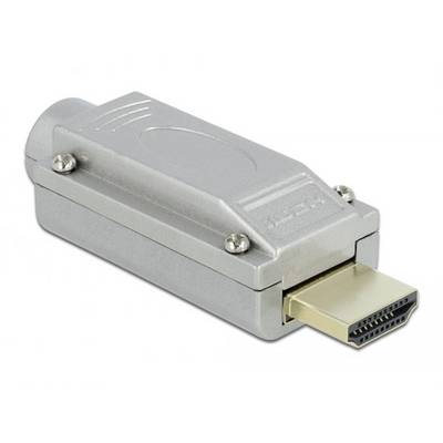 Een metalen HDMI-stekker die verticaal op een witte oppervlakte ligt. De stekker is bedoeld voor de overdracht van audio- en videosignalen.