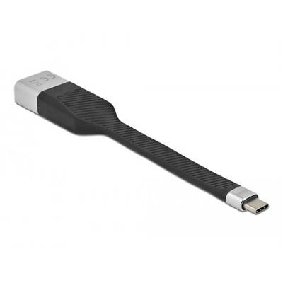 Een zwart USB-C-kabel met een plat, geprofileerd ontwerp en zilveren aansluiting. Ideaal voor het opladen of gegevensoverdracht.