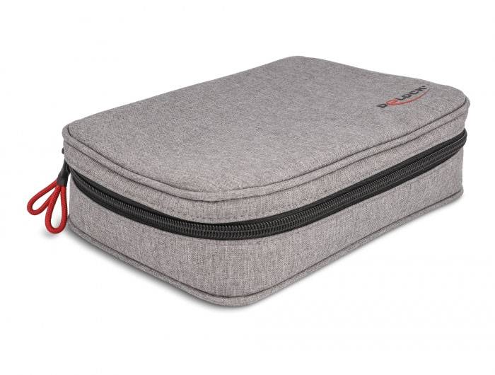 Grijze gemêleerde tas met rood ritsdetail aan de greep, rechthoekige vorm, geschikt voor het bewaren van kleine voorwerpen.