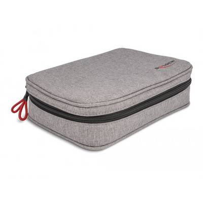 Grijze gemêleerde tas met rood ritsdetail aan de greep, rechthoekige vorm, geschikt voor het bewaren van kleine voorwerpen.