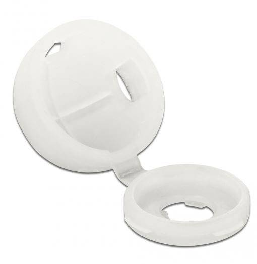 Een witte, ronde, open veiligheidssluiting die vermoedelijk wordt gebruikt voor kindveiligheid op fles- of verpakkingsdeksels.