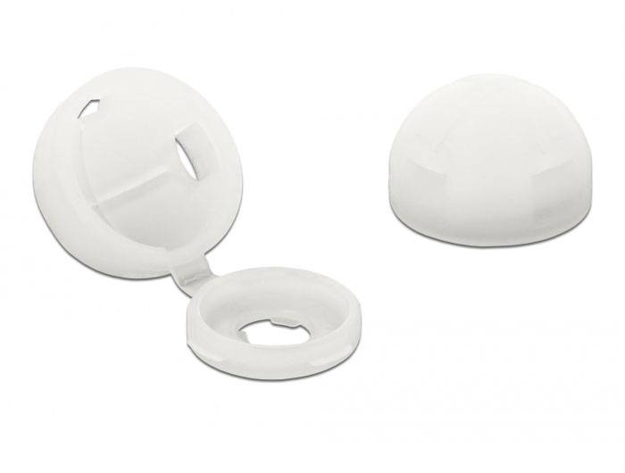 Twee witte kunststof onderdelen, waarvan één open en één gesloten, waarschijnlijk bedoeld als beschermdop voor buizen of kabels.