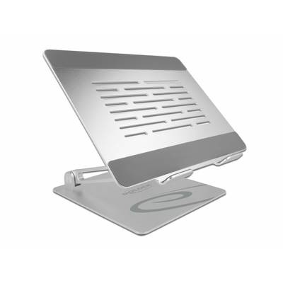 Een verstelbare laptopstandaard van metaal met ventilatiesleuven en een stevige basis, ontworpen voor ergonomisch werken.