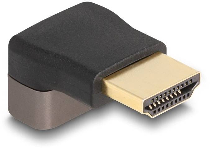 HDMI-hoekadapter in zwart en goud, die een HDMI-verbinding mogelijk maakt in kleine ruimtes door de richting van de kabel te veranderen.