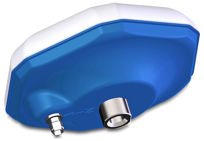 Een blauw-wit kunststof behuizingsonderdeel met twee metalen aansluitingen, vermoedelijk een technisch onderdeel of een deel van een apparaat.