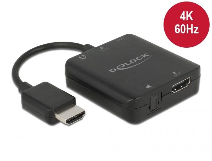 Een zwarte HDMI-splitter van Delock, geschikt voor 4K en 60Hz. Links een HDMI-stekker, rechts twee HDMI-aansluitingen.