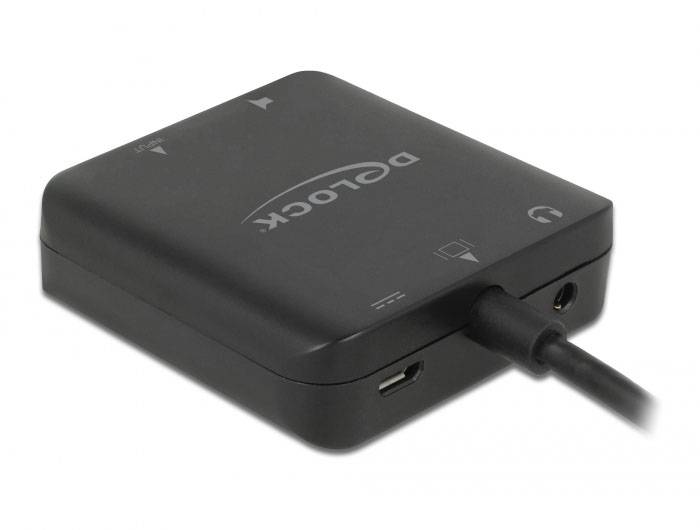 Een zwarte adapter met het merklogo 'Delock'. Hij beschikt over een USB-aansluiting, een HDMI-aansluiting en een koptelefooraansluiting.