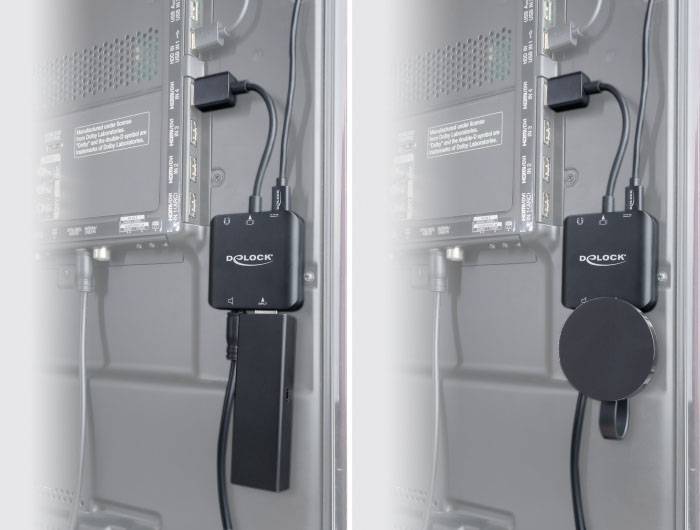 Twee voedingen die zijn aangesloten in een grijze doos met elektronische apparaten, links een langwerpige, rechts een ronde adapter.