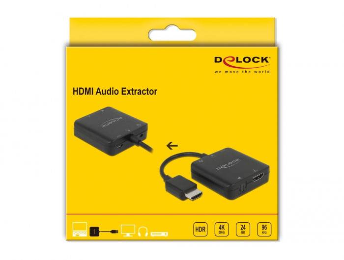 Gele verpakking van een HDMI Audio Extractor van het merk Delock. Toont het apparaat met HDMI- en audiokabels, geschikt voor verschillende apparaten.