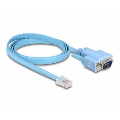 Blauw netwerkkabel met RJ-45-connector en DB9-adapter. Gebruikt voor seriële consoleverBindingen bij netwerkapparatuur.