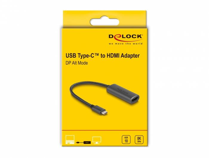 Gele verpakking van een 'USB Type-C naar HDMI-adapter'. Toont een zwart adapterkabel voor videooverdracht.