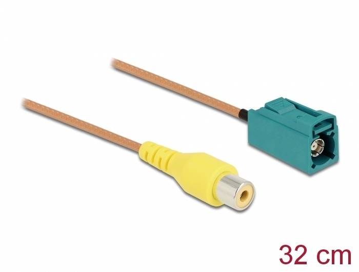 '32 cm lange kabel met gele RCA-stekker en blauwe Fakra-stekker, gebruikt voor audio- of videoverBindingen in voertuigen.'