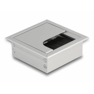 Zilveren metalen kabeluitvoering voor bureaus, met een vierkante vorm en borsteldichting voor kabelorganisatie.