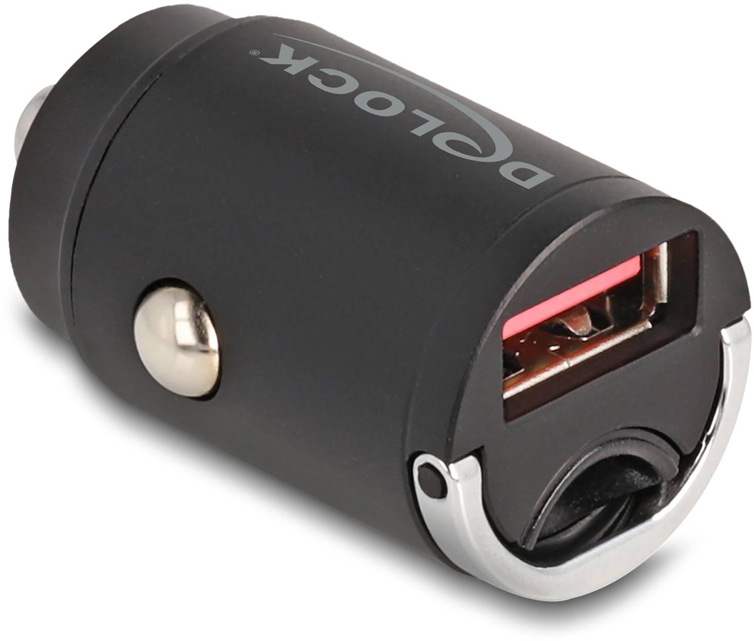 Zwart USB-autolader met zilveren knop en rode USB-poort, geschikt voor het aansluiten van apparaten tijdens het rijden.