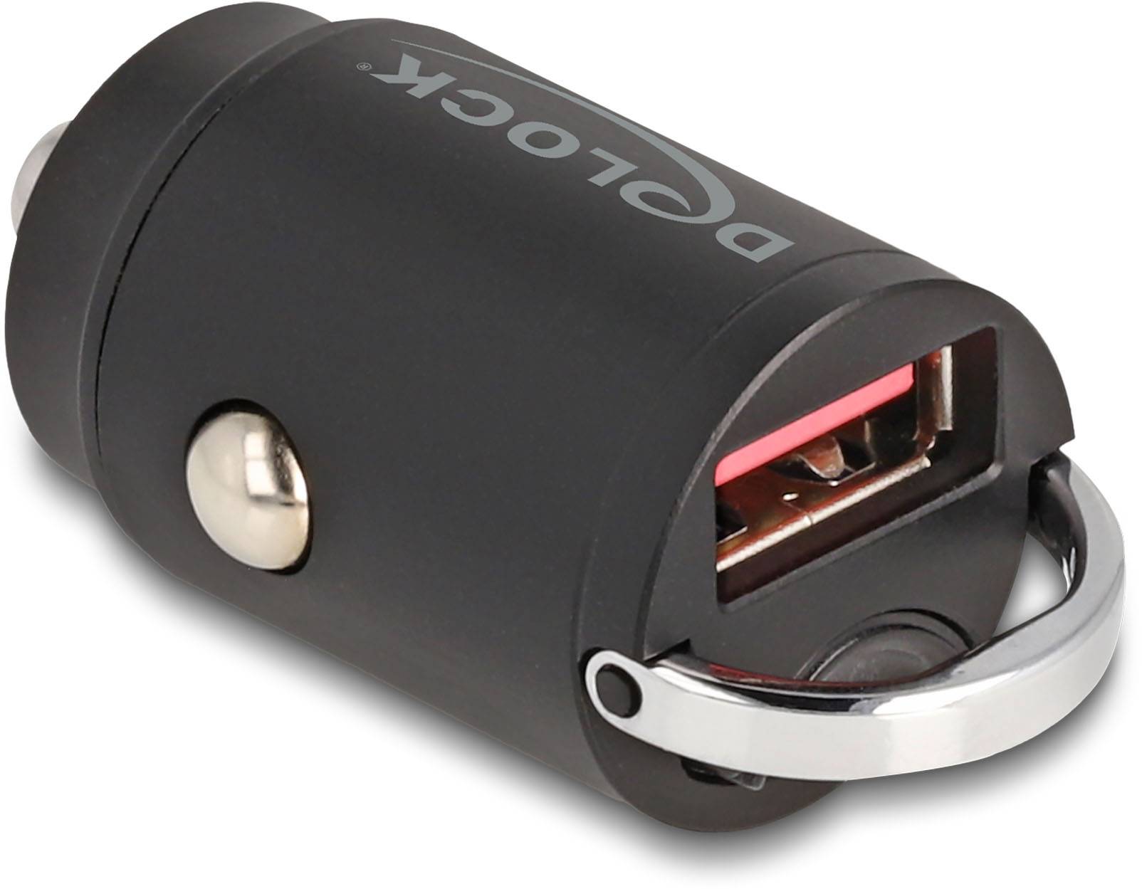 Zwart USB-autolader met metalen ring, zijknop en USB-poort, geschikt voor het opladen van apparaten in de auto.