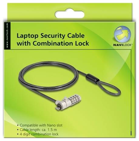 Verpakking van een laptopbeveiligingskabel met cijferslot, kabellengte 1,5 m, compatibel met Nano-slot, combinatie van vier cijfers.