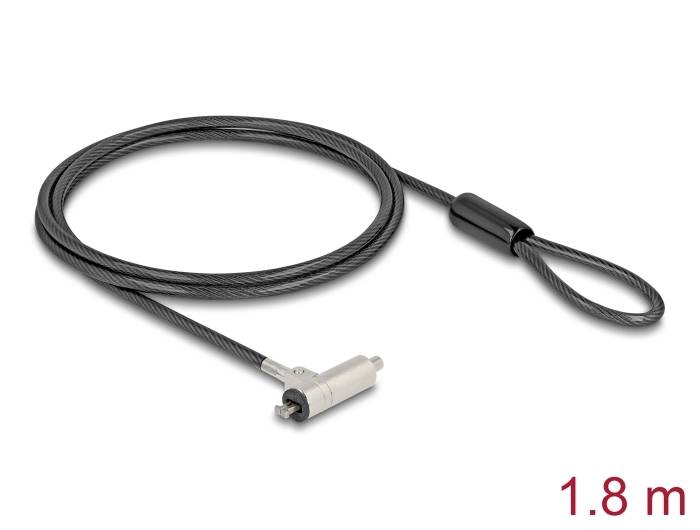 Een zwart beveiligingskabel met slot en lus voor laptops. Lengte: 1,8 meter.
