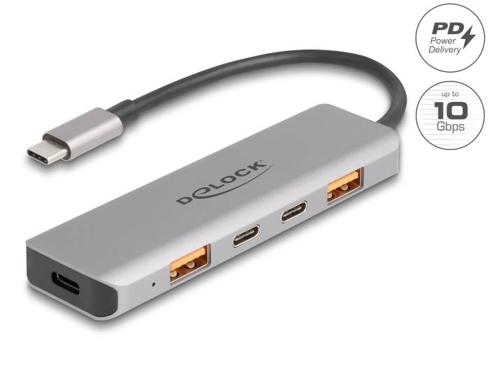 USB-C-hub met drie USB-poorten en twee USB-C-poorten, ondersteunt Power Delivery en gegevensoverdracht tot 10 Gbps.