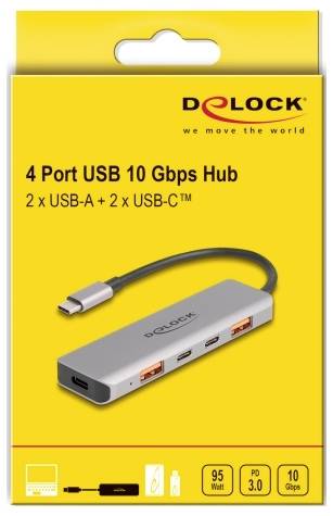 'Delock 4-poorts USB-hub' met twee USB-A- en twee USB-C-aansluitingen, ondersteunt 10 Gbps overdracht, 95 Watt stroomvoorziening.
