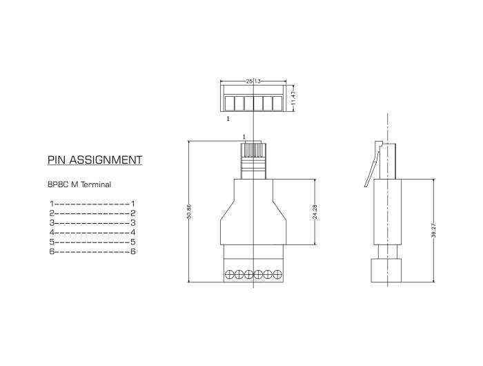 Technische tekening van een connectoren. Toont vooraanzicht en zijaanzicht met afmetingen. Aanduiding: 'Pin-toewijzing', 6 aansluitingen.