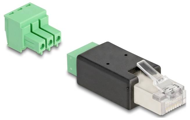 'Twee elektrische stekkers, een groen en een met zwarte afdekking en RJ45-connector, op een witte achtergrond.'