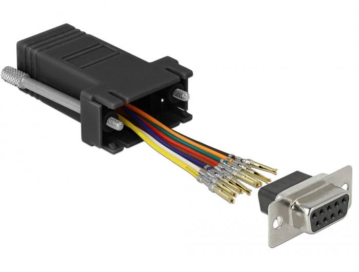 'Een RS-232-stekker met blootliggende, kleurgecodeerde kabels, gereed voor montage. Geschikt voor seriële interfaceverbindingen.'