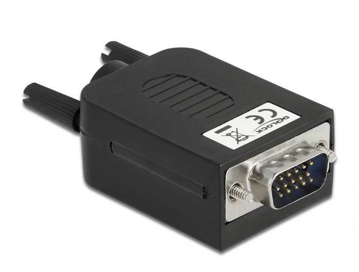 Een zwarte VGA-adapter met CE-markering en negen pinnen, die kan worden aangesloten op computervideokaarten of beeldschermen.