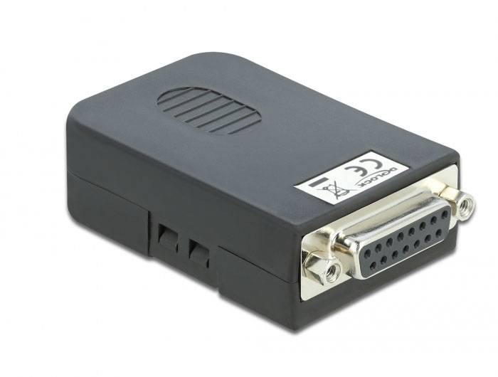 Een zwarte adapter met VGA-aansluiting voor het verbinden van een monitor met een computer.