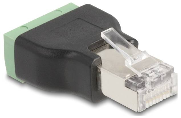 Een RJ45-adapter met een zwarte kunststof behuizing en groene aansluitklem. Geschikt voor netwerkverbindingen.