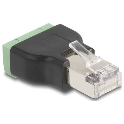 Een RJ45-adapter met een zwarte kunststof behuizing en groene aansluitklem. Geschikt voor netwerkverbindingen.