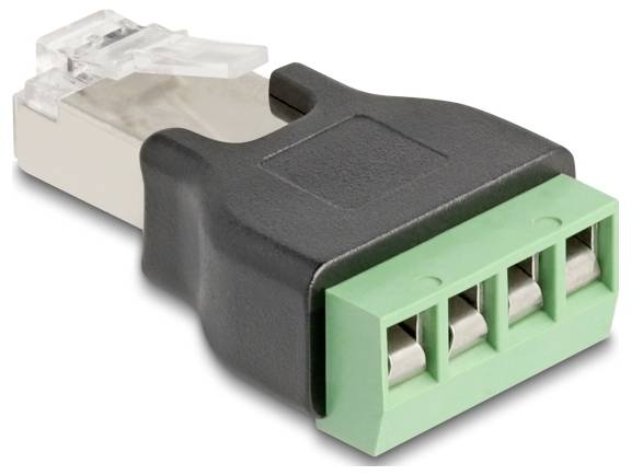Een zwarte adapter met een groen aansluitblok en drie metalen klemmen, voor het verbinden van kabels in elektronische apparaten.
