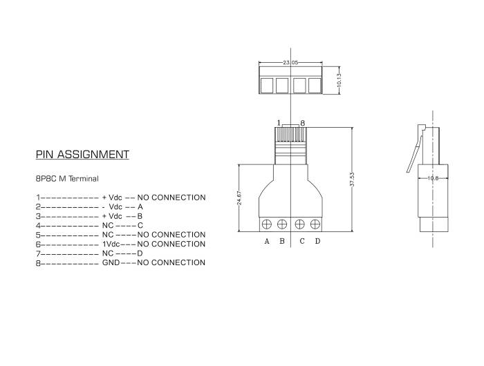 'PIN-toewijzing voor 8P8C M Terminal' toont de aansluitingen met spanningsingangen A, B, C, D en aarding (GND); niet-aangesloten pinnen zijn gemarkeerd.