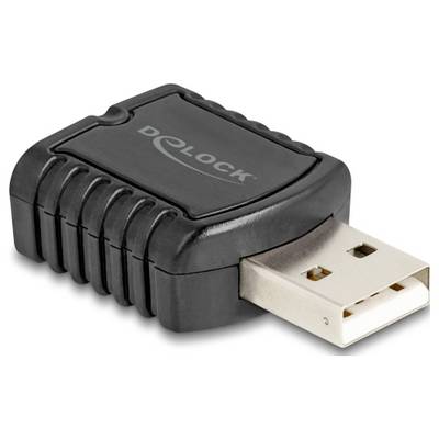 Een zwarte USB-adapter met het opschrift 'DELOCK', aansluitbus zichtbaar, dient voor het converteren van aansluitingen.