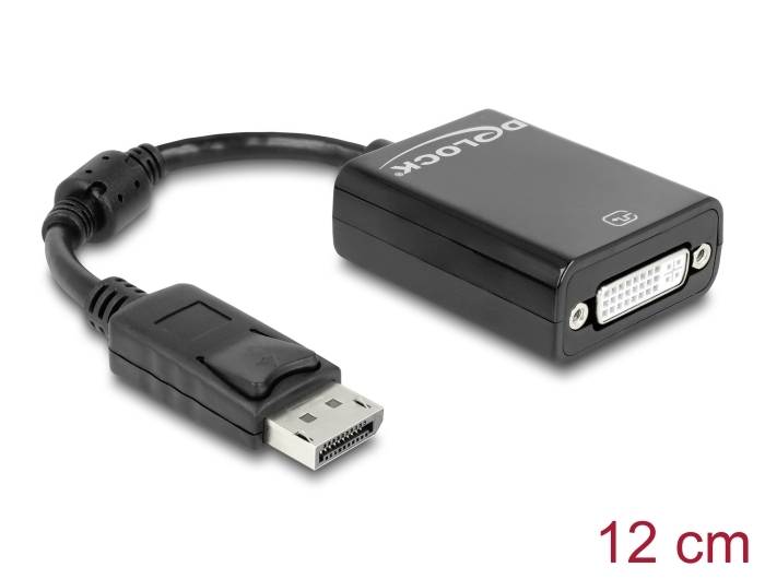 Adapterkabel van DisplayPort naar DVI, ongeveer 12 cm lang. Zwarte behuizing met DVI-aansluiting. Ideaal voor schermverbinding.