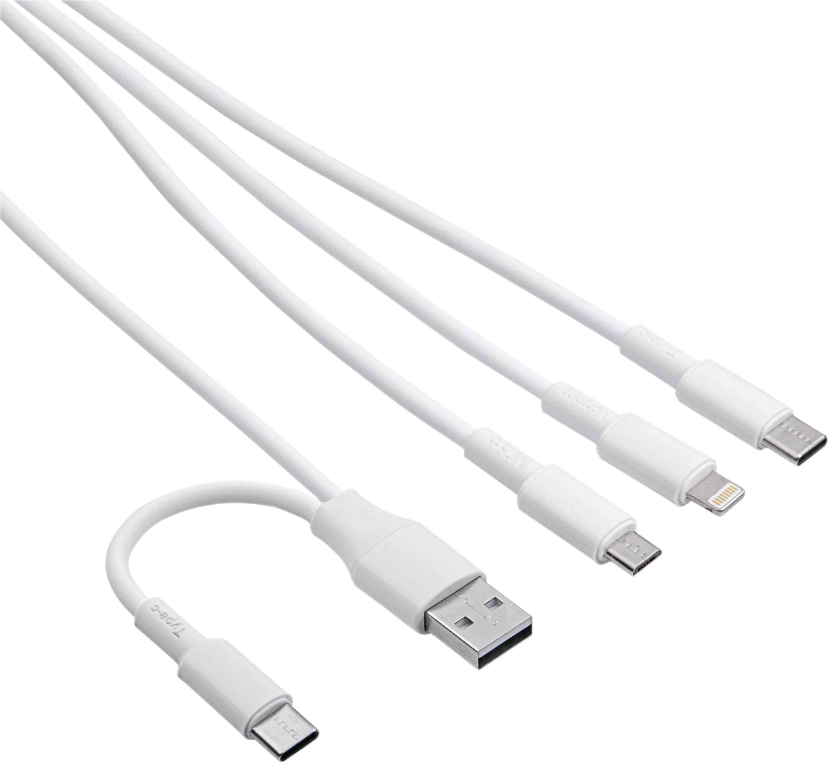 Vier witte oplaadkabels met verschillende aansluitingen: USB-A, Micro-USB, Lightning en USB-C.