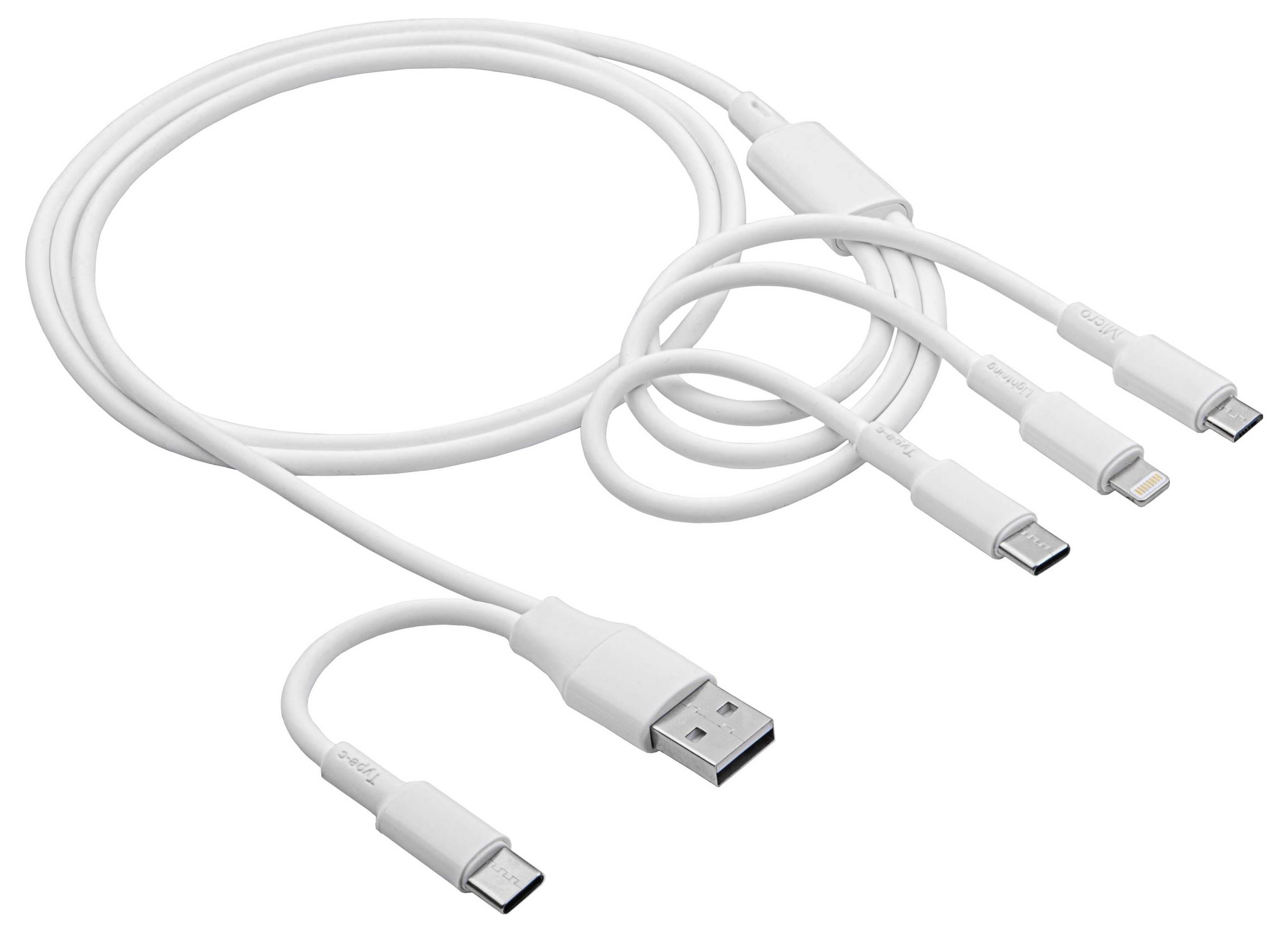 Multioplaadkabel in het wit met USB-A-aansluiting en drie verschillende connectoren: USB-C, Lightning en Micro-USB, voor gelijktijdig gebruik.