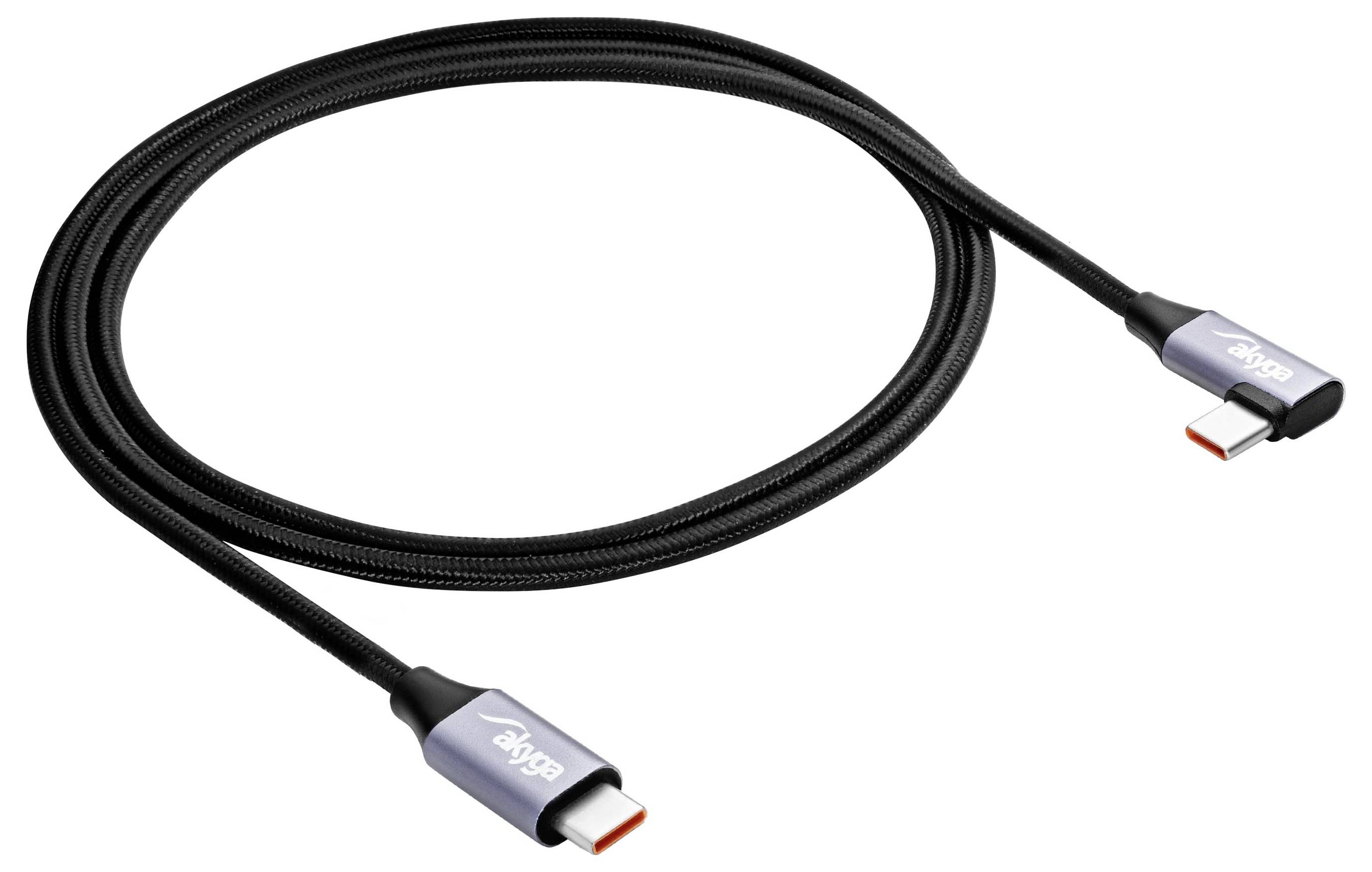 Zwart USB-C-kabel met textiel omwikkeld ontwerp en zilveren connectoren aan beide uiteinden, geschikt voor gegevensoverdracht en opladen.