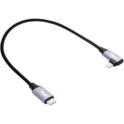 USB-C naar Lightning-kabel in het zwart met zilveren aansluitingen, geschikt voor het laden en synchroniseren van Apple-apparaten.