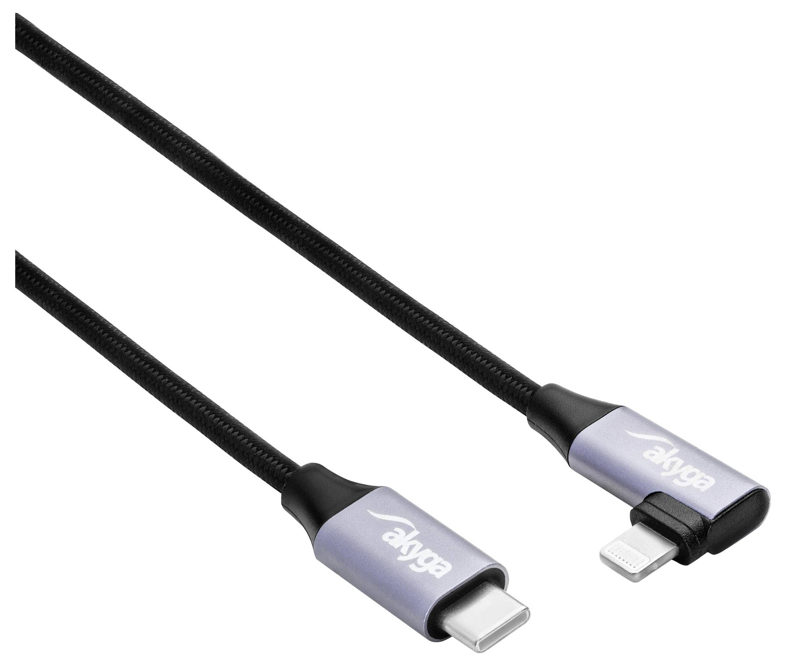 USB-C naar Lightning-kabel, zwart, met zilveren connectoren. Geschikt voor het opladen en synchroniseren van Apple-apparaten.