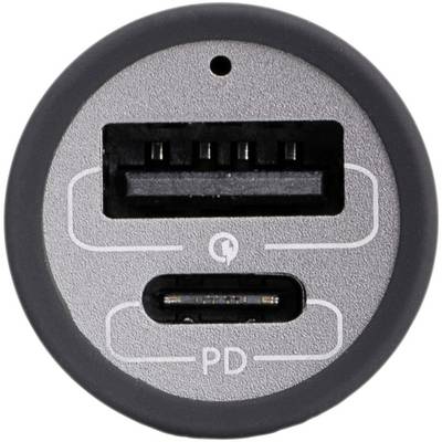Rundstekker laadaansluiting met twee poorten: bovenaan USB-A, onderaan USB-C met Power Delivery-symbool, geschikt voor snel opladen.