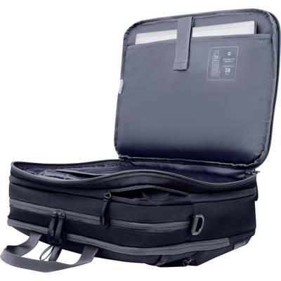 Een geopende zwarte rugzak onthult een gewatteerd laptopvak en meerdere vakken voor organisatie. Ideaal voor reizen of werk.