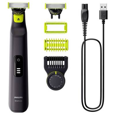 Een Philips OneBlade scheerapparaat met verschillende opzetkammen en USB-oplaadkabel. Geschikt voor het trimmen en stylen van baard en haar.