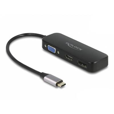 Een zwarte adapter met meerdere aansluitingen: HDMI, VGA en USB-C. Geschikt voor het verbinden van apparaten met verschillende interfaces.